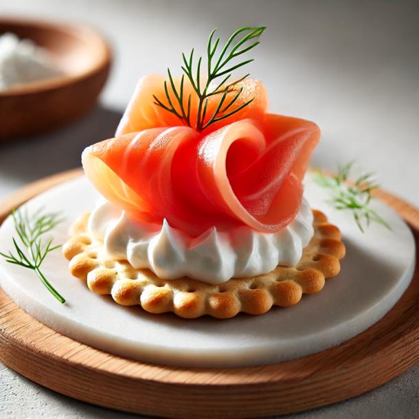 Канапе с копченым лососем и сливочным сыром – лосось на хрустящем крекере, украшенный зеленью.