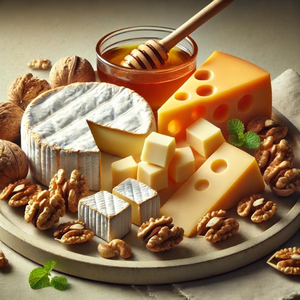 Сырная тарелка с орехами и мёдом – ассорти из нескольких видов сыра, подаваемое с грецкими орехами и мёдом.