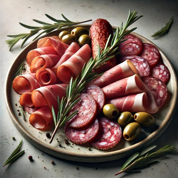 Мясное ассорти – прошутто, салями и копченая индейка с маринованными оливками.